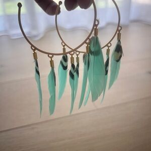 Gorgeous turquoise feather earrings in gold plated hoops